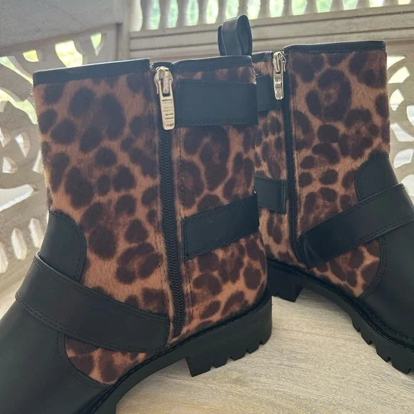 NEW Nine West Arria Leopard Animal and Black Combat Boots Moto Gold Buckles 9 - Picture 3 of 9